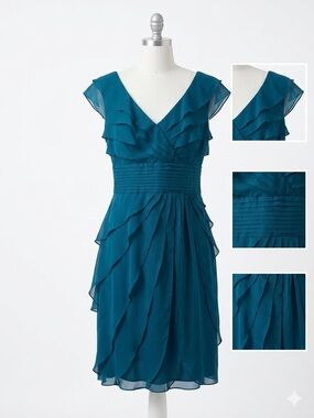 Adrianna Papell Teal V-Neck Tiered Midi Dress with Pleated Waist